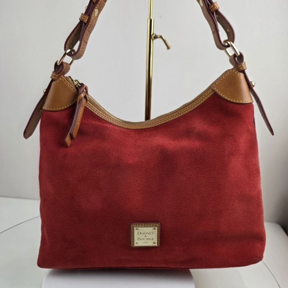 Dooney & Bourke Red Suede Hobo Shoulder Bag‎ Leather Tan Purse Classic - Picture 3 of 16